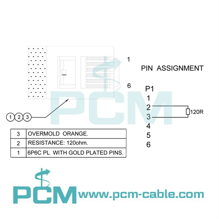 pinout pin assignment drawing of RJ12 6p6c modular plug with resistor pin2 and pin3