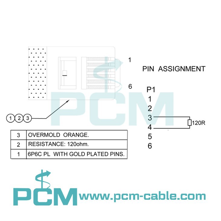 pinout pin assignment drawing of RJ12 6p6c modular plug with resistor
